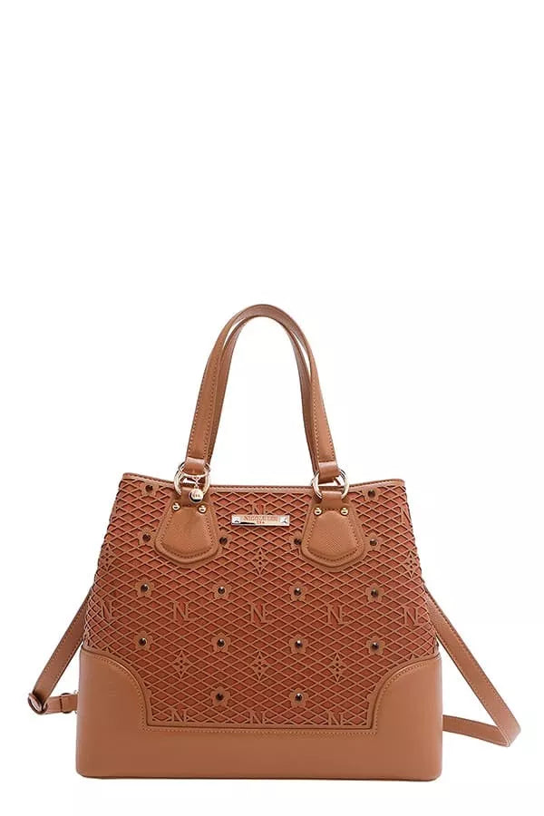 BROWN OS Monogram Pattern Handbag with Rhinestones Decor | Handbags Daverri Fashions