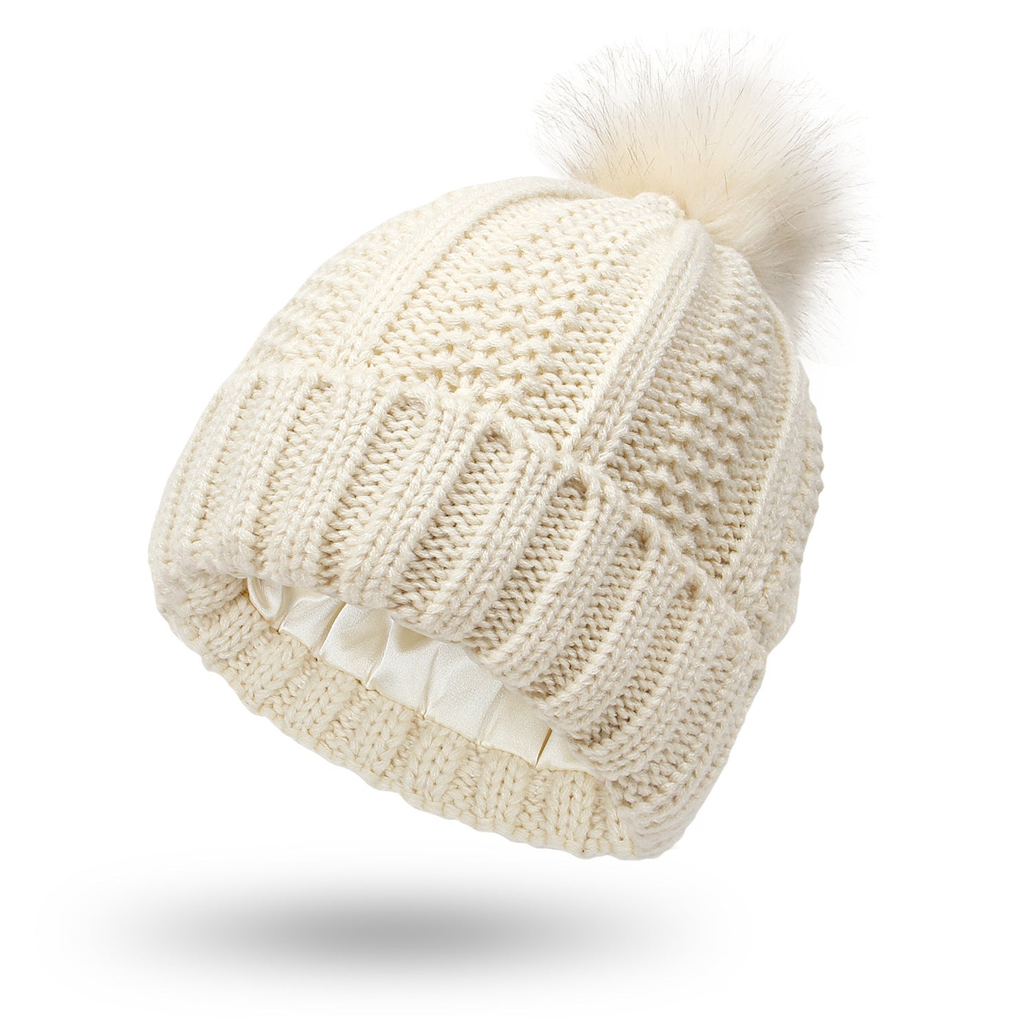 Beige One size Stretchy Satin-Lined Skull Knit Pom Pom Hat | Hats Daverri Fashions