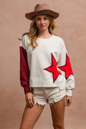BiBi Star Patch And Spliced Hemline French Terry Long Sleeve Sweatshirt | Daverri Fashions