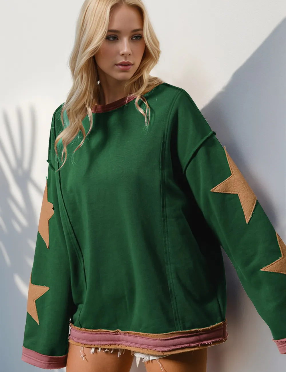 Double Take Star Patched Long Sleeve Sweatshirt | Sweatshirts Daverri Fashions