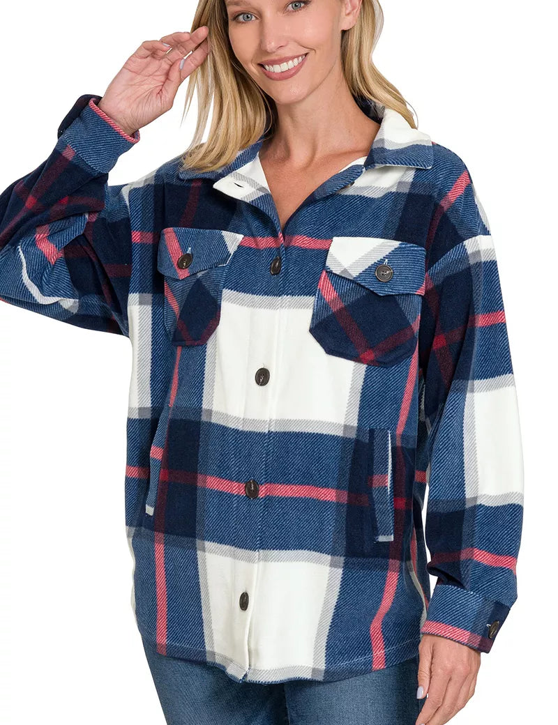 NAVY Zenana Oversized Plaid Fleece Shacket | Shackets Daverri Fashions