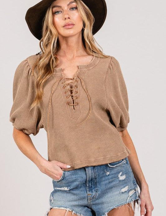 Camel SAGE+FIG Lace-Up Waffle Knit Crop Top | Tops Daverri Fashions