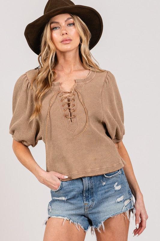 Camel SAGE+FIG Lace-Up Waffle Knit Crop Top | Tops Daverri Fashions