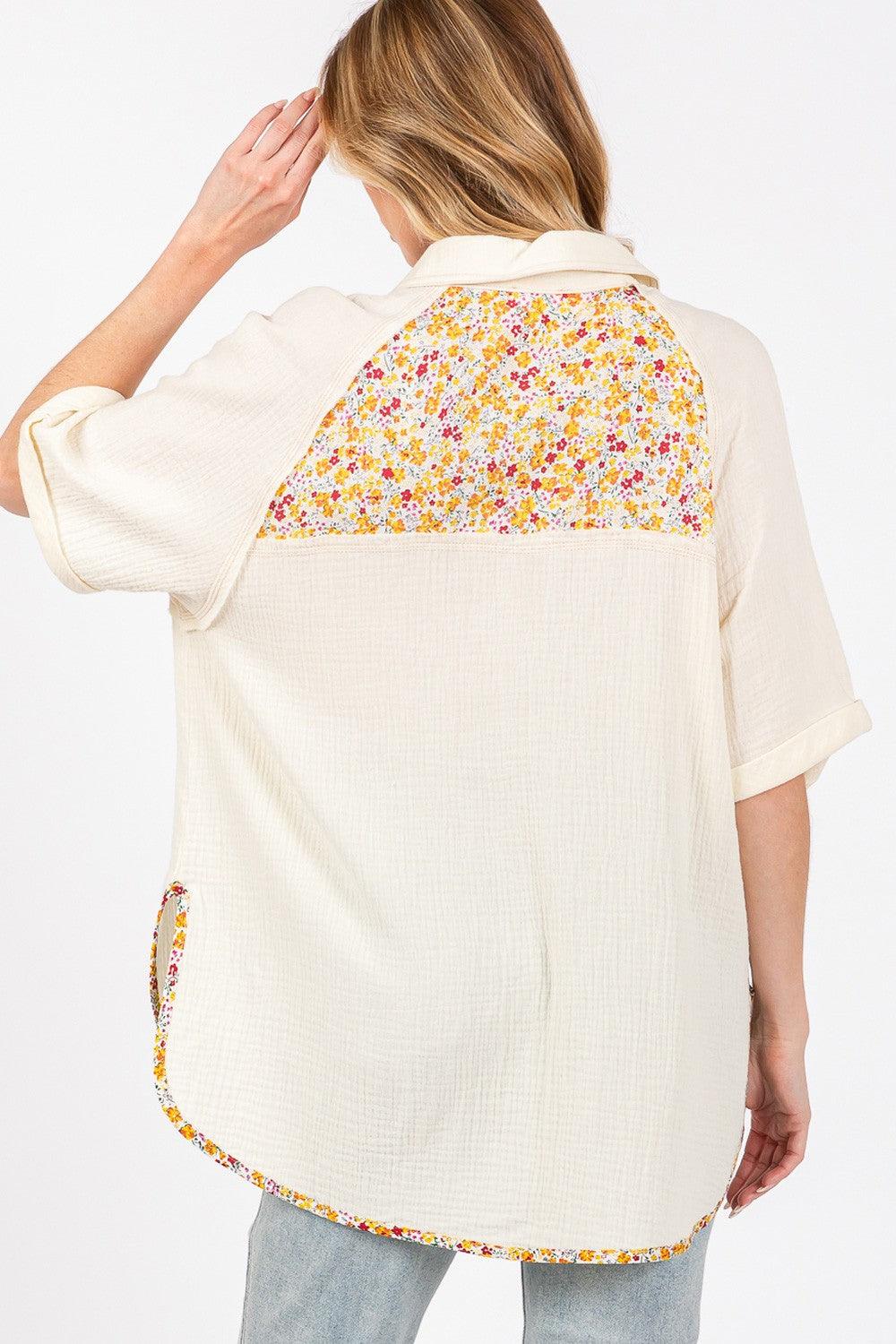 SAGE + FIG Full Size Floral Detail Button Up Short Sleeve Shirt | Shirts Daverri Fashions