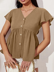 Mocha V-Neck Flutter Sleeve Blouse | Blouses Daverri Fashions