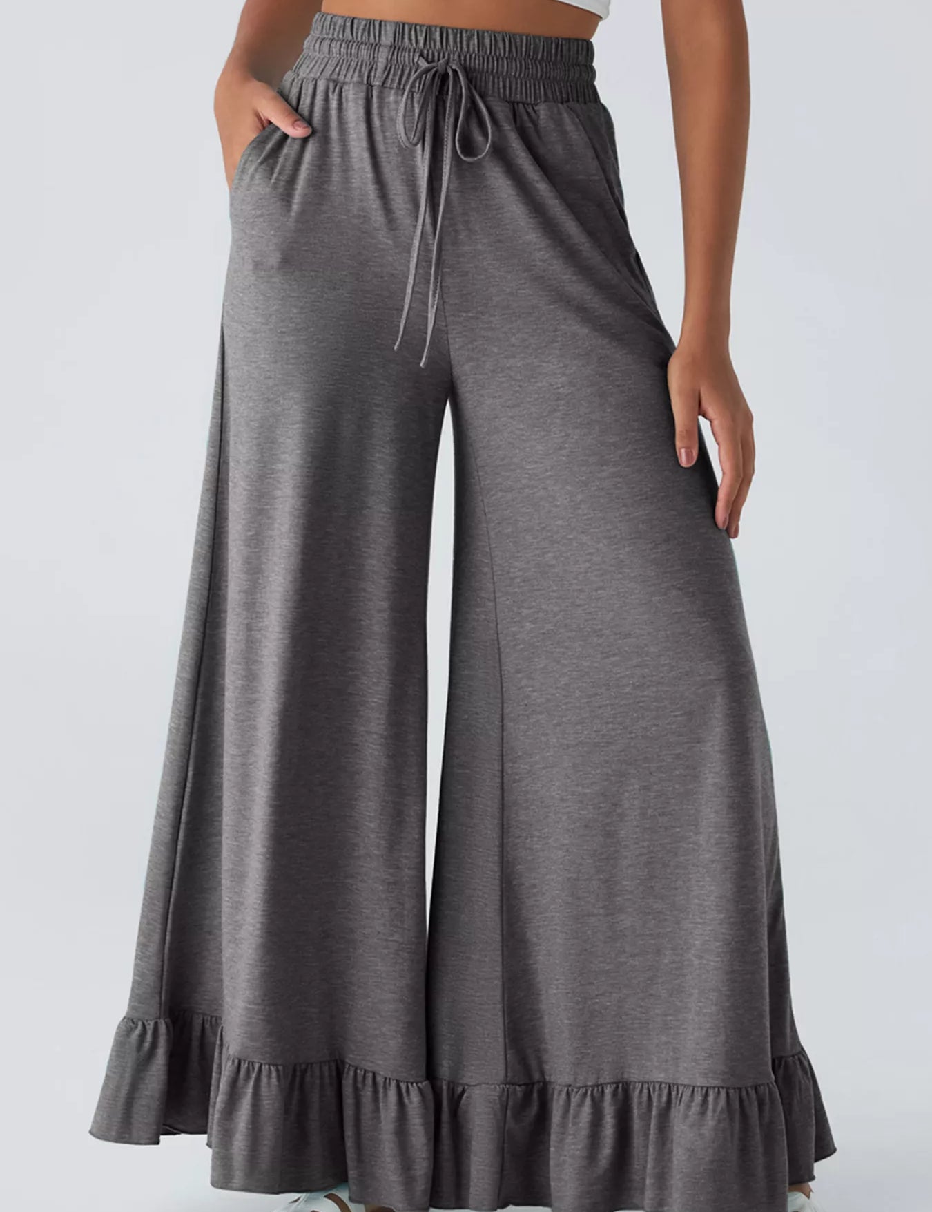 Ruffled Wide Leg Pull On High Waist Pants with Pockets | Pants Daverri Fashions