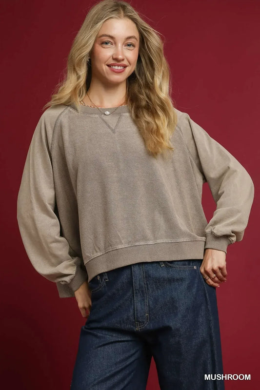 Umgee Mineral Wash French Terry Sweatshirt - DAVERRI FASHIONS