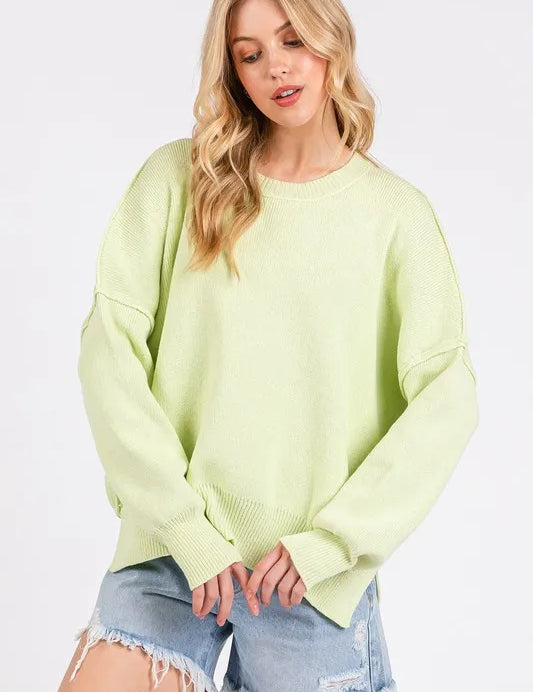 LIME Mittoshop Side Slit Round Neck Drop Shoulder Sweater | Sweaters Daverri Fashions