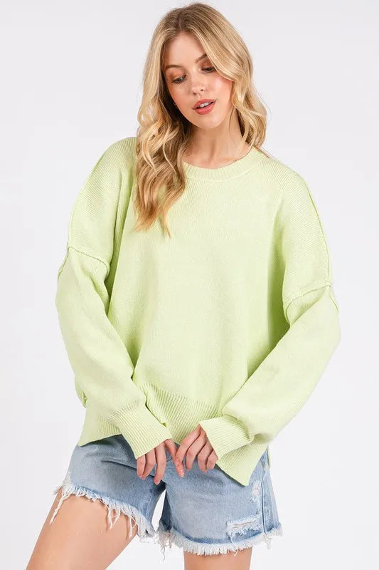 LIME Mittoshop Side Slit Round Neck Drop Shoulder Sweater | Sweaters Daverri Fashions