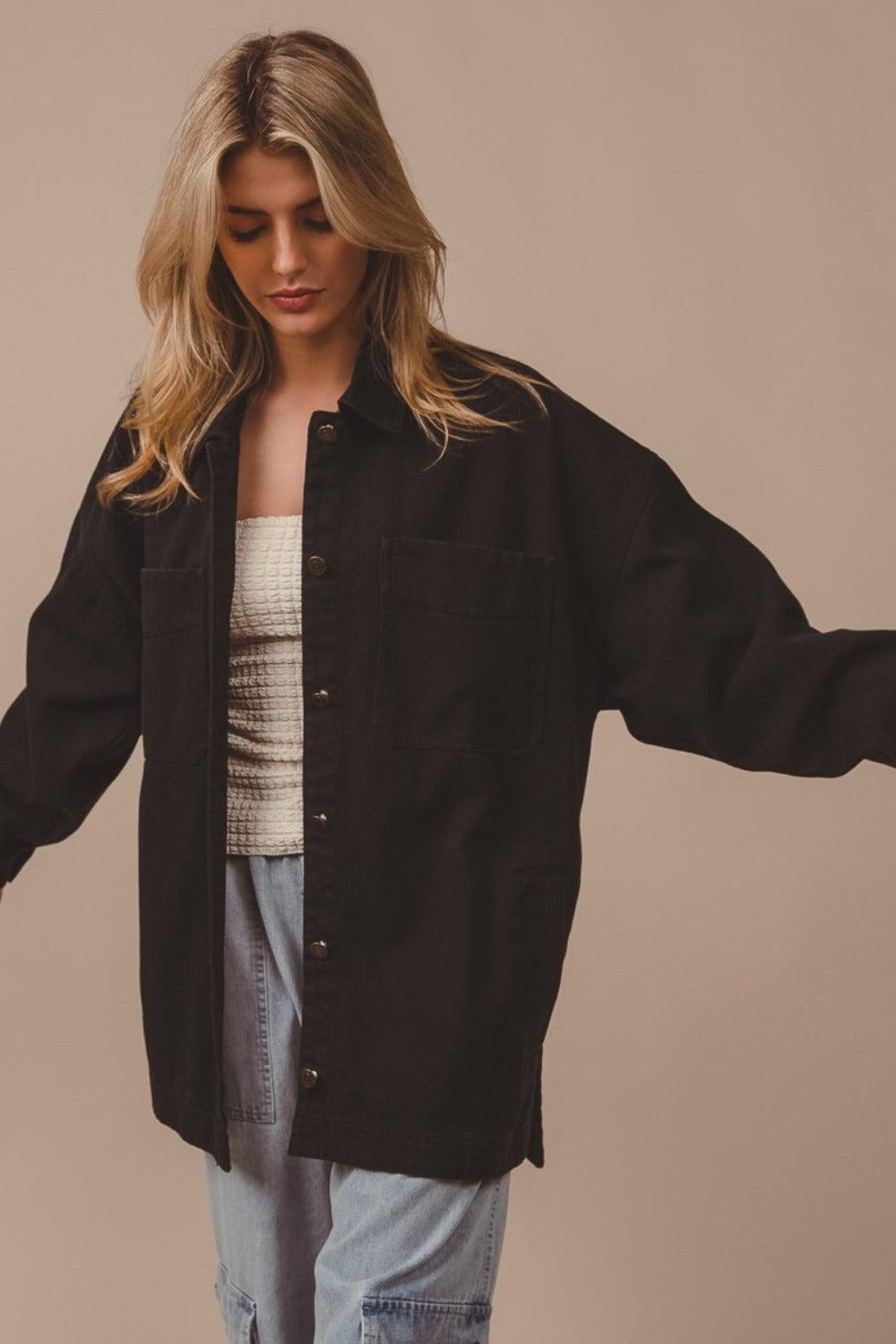 BiBi Button Up Washed Jacket with Pockets | Daverri Fashions