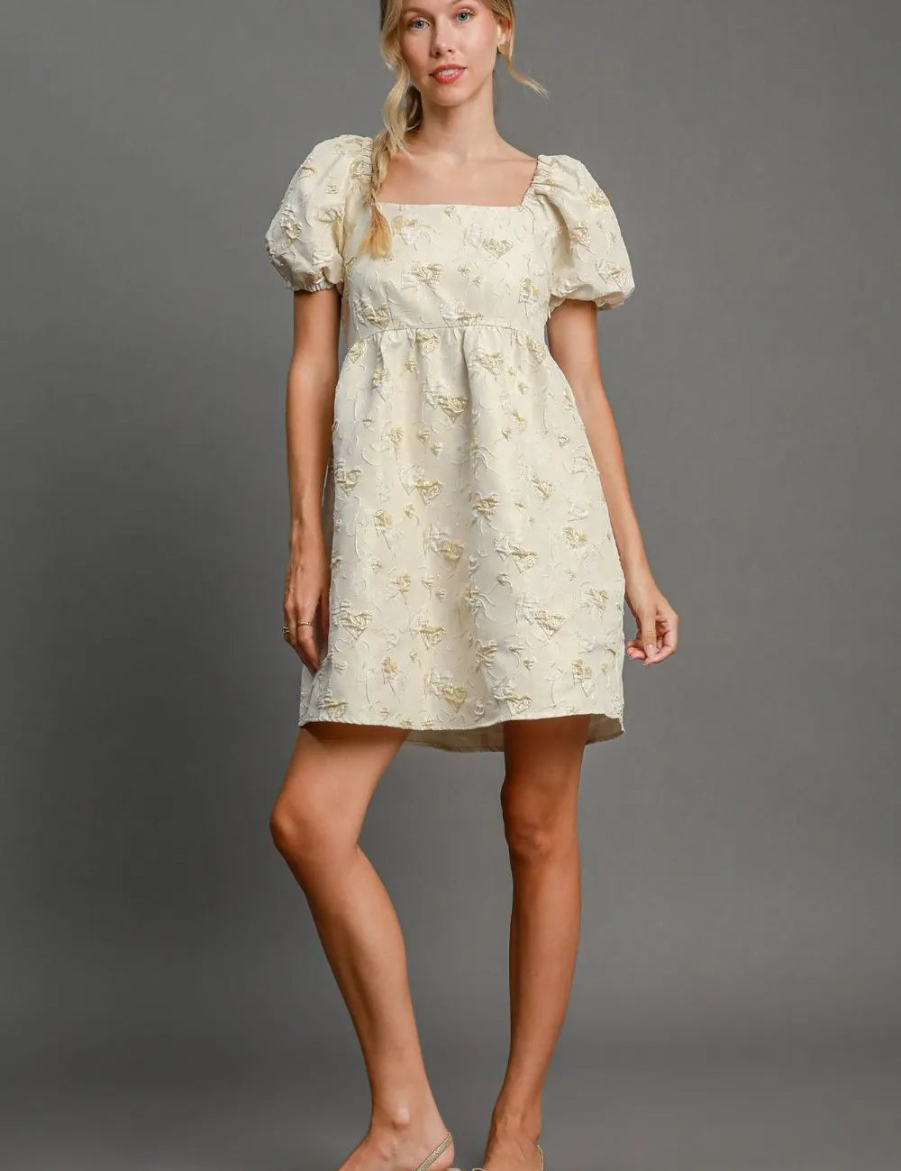 Cream Umgee Heart Jacquard Square Neck Puff Sleeve Mini Dress Cream | Mini Dresses Daverri Fashions