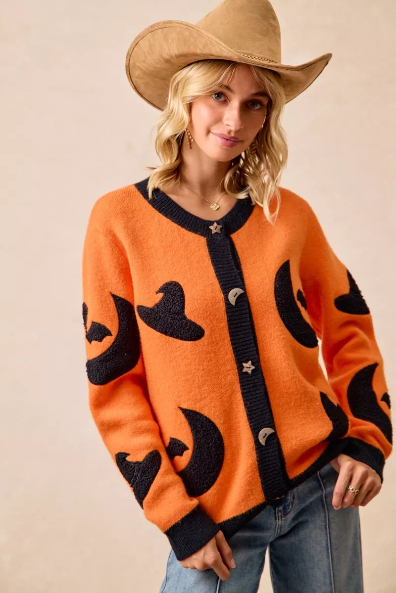 BiBi Halloween Witch Hat Moon Bat Artwork Cardigan | Cardigans Daverri Fashions
