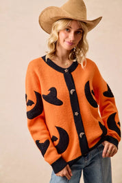 BiBi Halloween Witch Hat Moon Bat Artwork Cardigan | Cardigans Daverri Fashions
