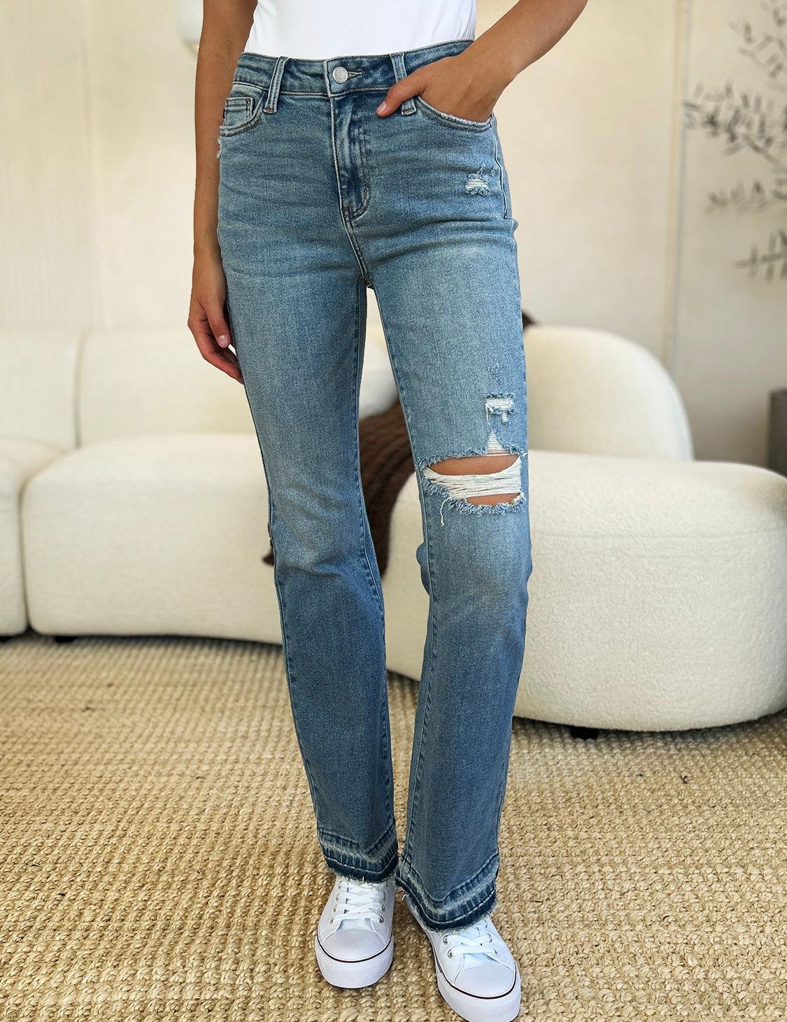 Medium Judy Blue Full Size Mid Rise Destroyed Hem Distressed Jeans | Jeans Daverri Fashions