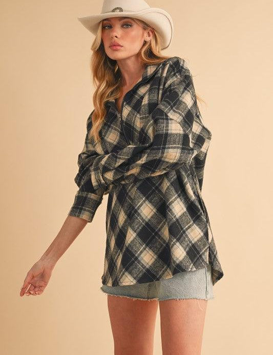 Aemi + Co Slit Plaid Half Zip Drop Shoulder Top | Tops Daverri Fashions