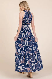 Lime 'N' Chili Abstract Halter Neck Tie-Waist Tiered Maxi Dress | Daverri Fashions