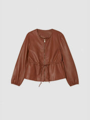 Drawstring Zip Up Leather Jacket | Jackets Daverri Fashions
