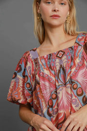 Umgee Full Size Abstract Print Smocked Square Neck Puff Sleeve Blouse | Blouses Daverri Fashions