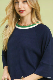 Umgee Ribbed Knit Top with Contrast Trim | Knit Tops Daverri Fashions