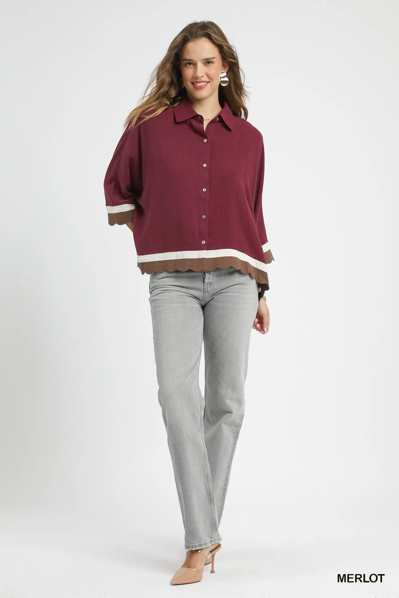 Umgee Colorblock Button-Down Shirt with Scallop Hem | Tops Daverri Fashions