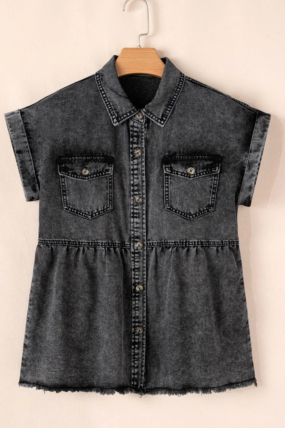 Short Sleeve Flap Pocket Button Up Raw Hem Denim Shirt | Shirts Daverri Fashions