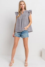 Ces Femme Plaid Notched Ruffled Cap Sleeve Blouse | Blouses Daverri Fashions