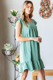 Heimish Full Size Short Sleeve V Neck Ruffled Hem Dress | Daverri Fashions
