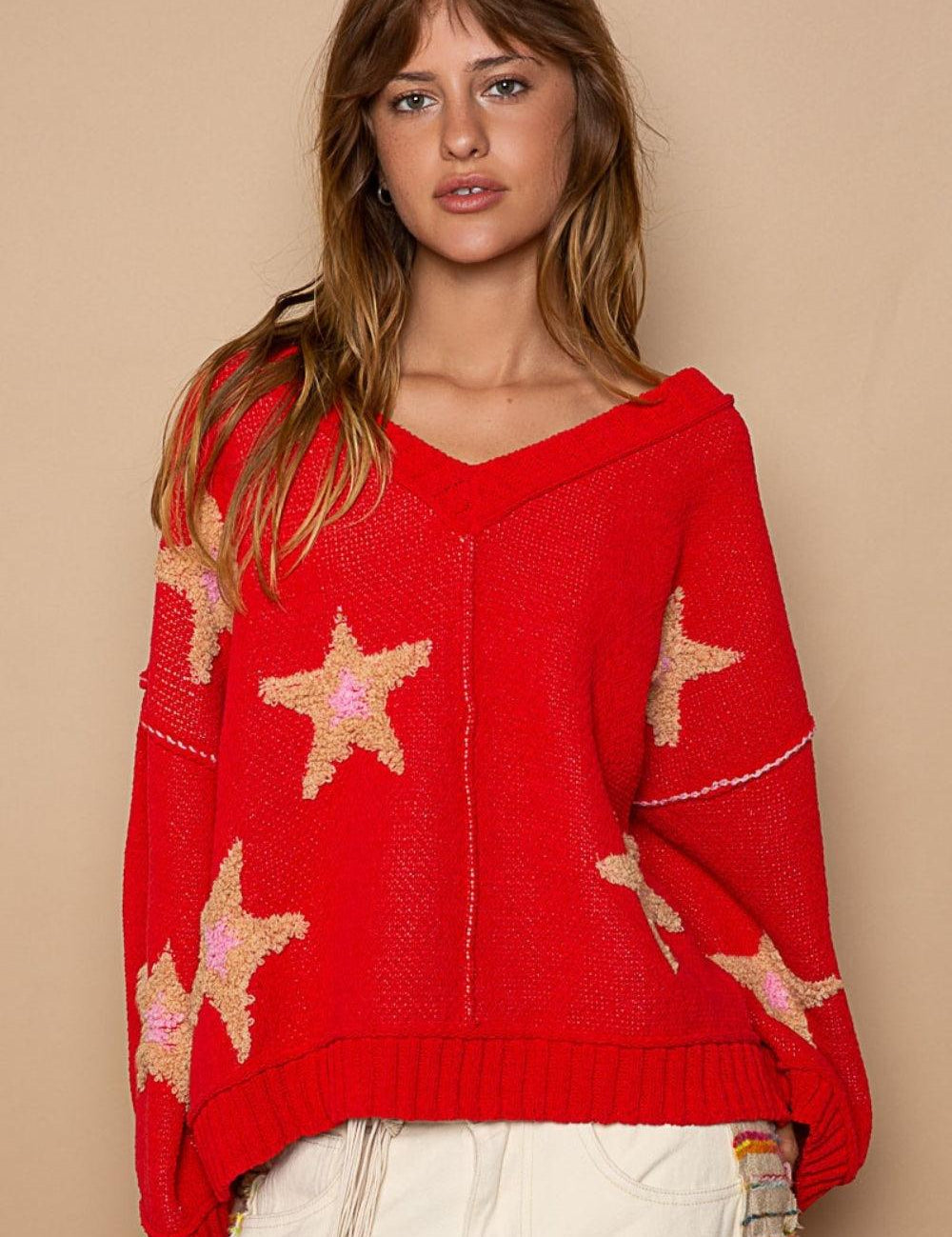 Apple Red POL Long Sleeve Star Patch Sweater | Sweaters Daverri Fashions