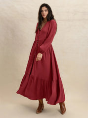 V-Neck Balloon Sleeve Ruffled Hem Maxi Dress | Daverri Fashions