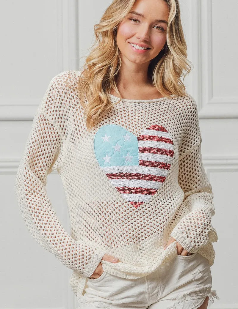 OFF WHITE BiBi Sequin American Flag Heart Knit Cover-Up | Cover-Ups Daverri Fashions