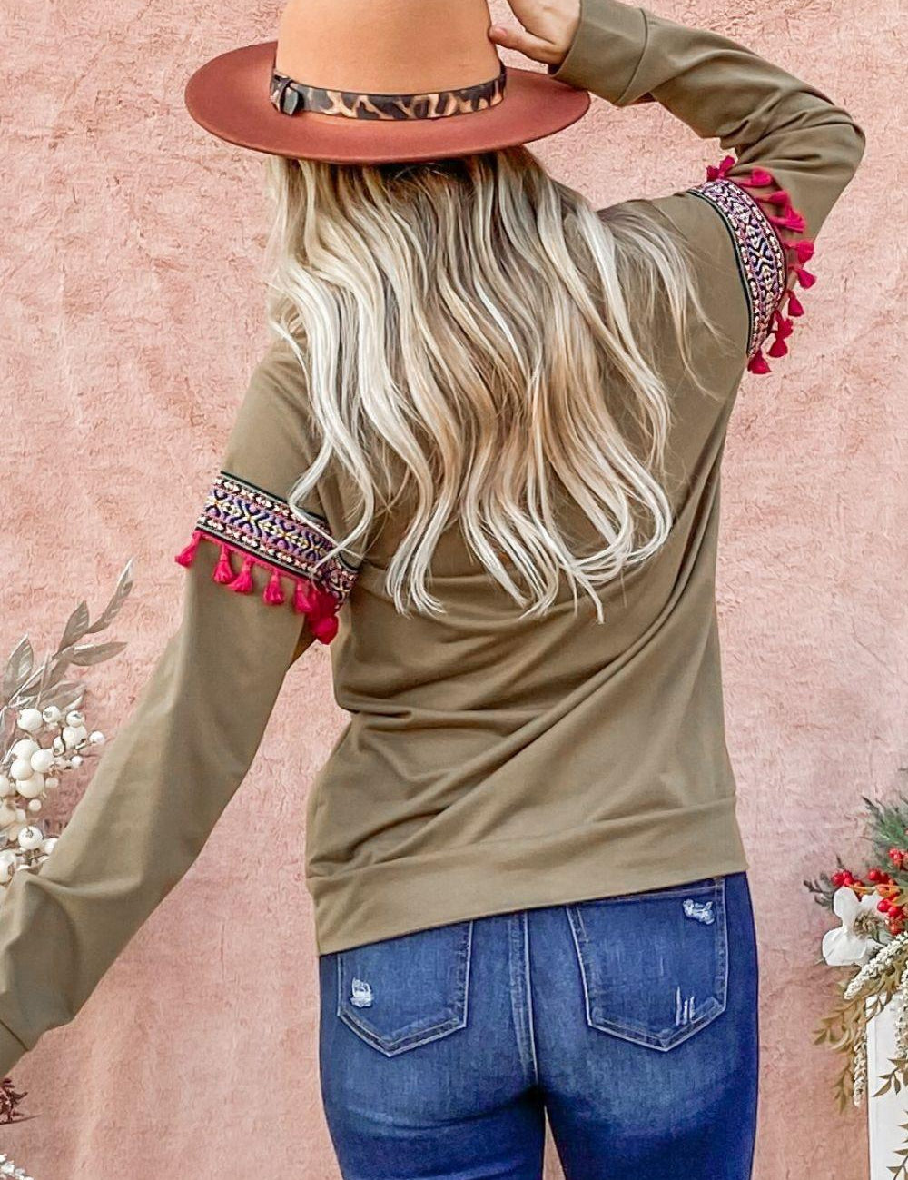 And The Why Ethnic Ribbon Tassel Trim Top | Tops Daverri Fashions