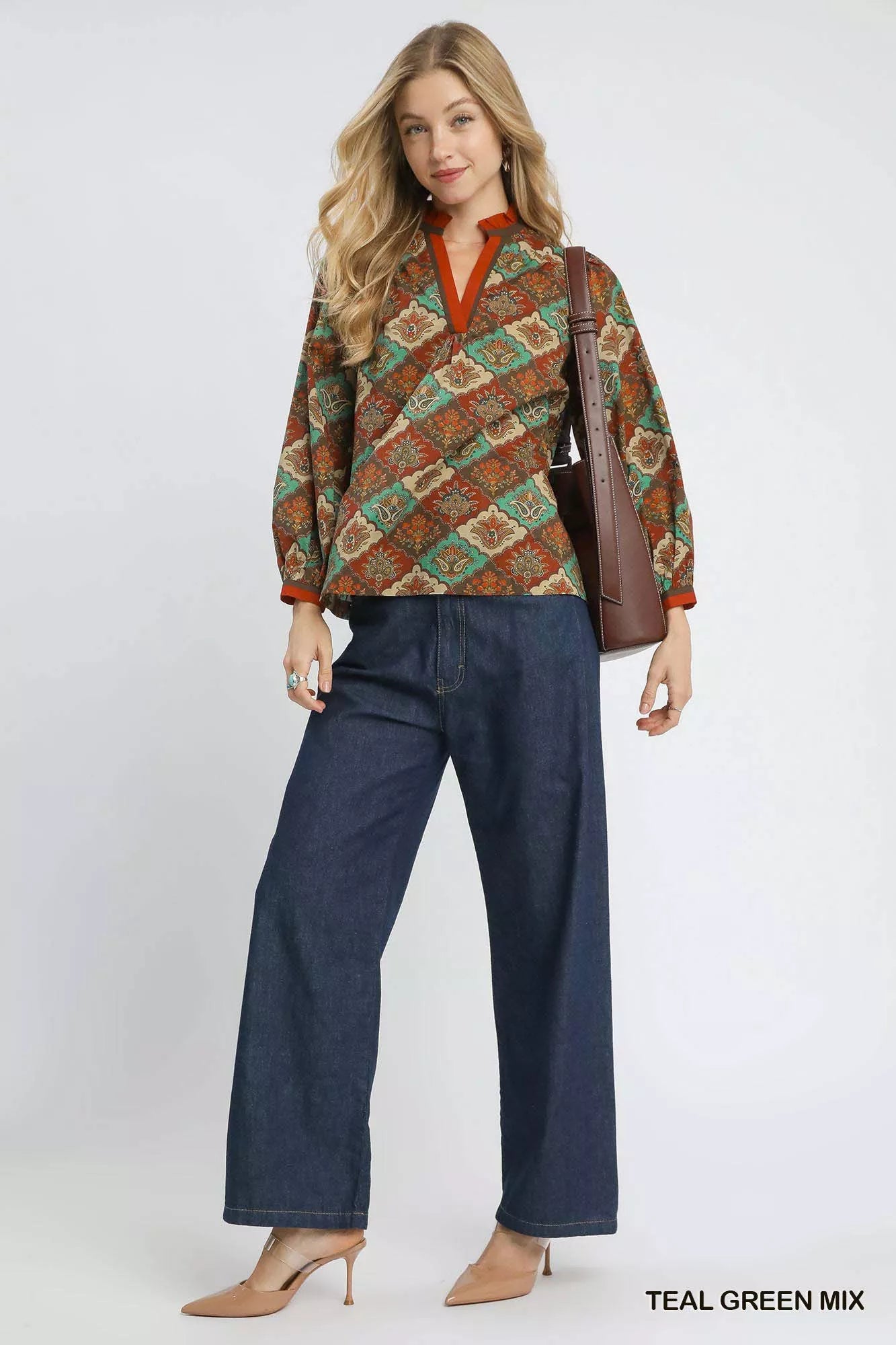 Umgee Abstract Print Ruffle Neck Top | Daverri Fashions