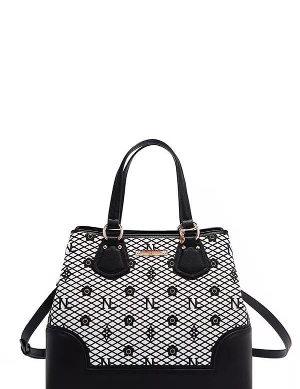BLACK OS Monogram Pattern Handbag with Rhinestones Decor | Handbags Daverri Fashions