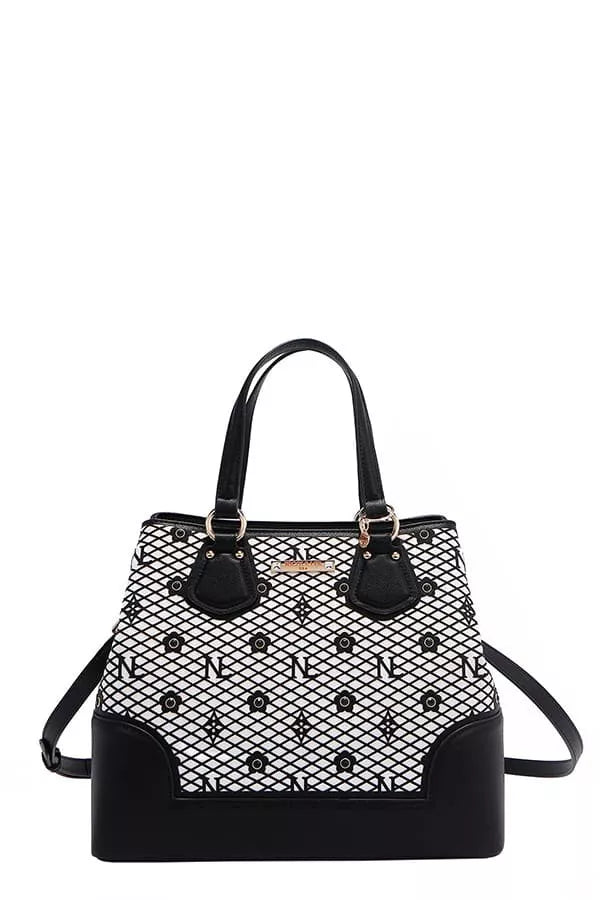 BLACK OS Monogram Pattern Handbag with Rhinestones Decor | Handbags Daverri Fashions