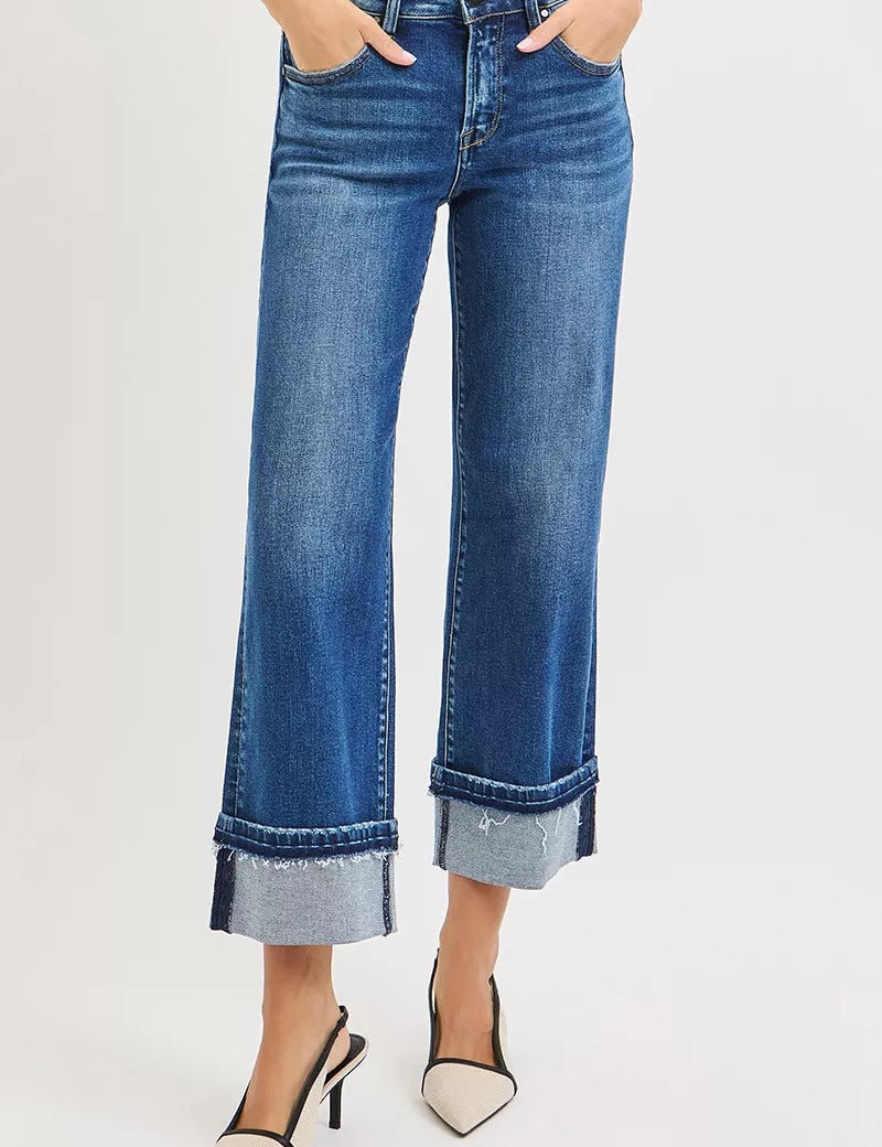 DARK RISEN Mid Rise Ankle Straight Jeans with Cuffed Hem | Jeans Daverri Fashions
