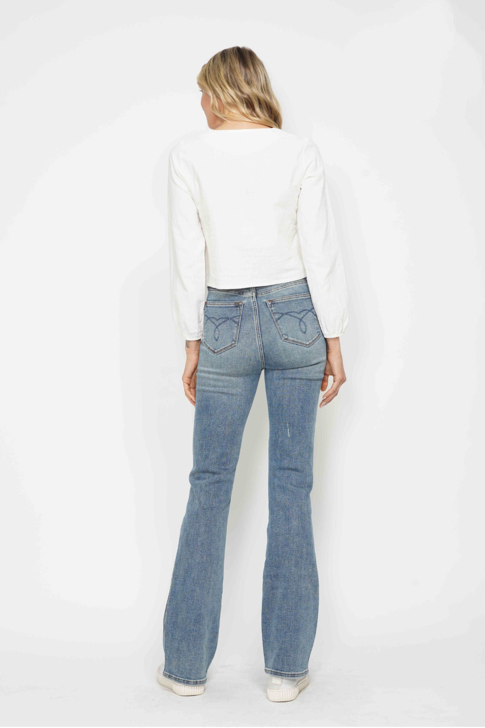 Judy Blue Full Size Tummy Control Back Embroidered Pocketed Bootcut Jeans Plus Size | Daverri Fashions