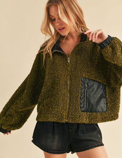 Aemi + Co Collared Neck Zip Up Sherpa Jacket | Jackets Daverri Fashions