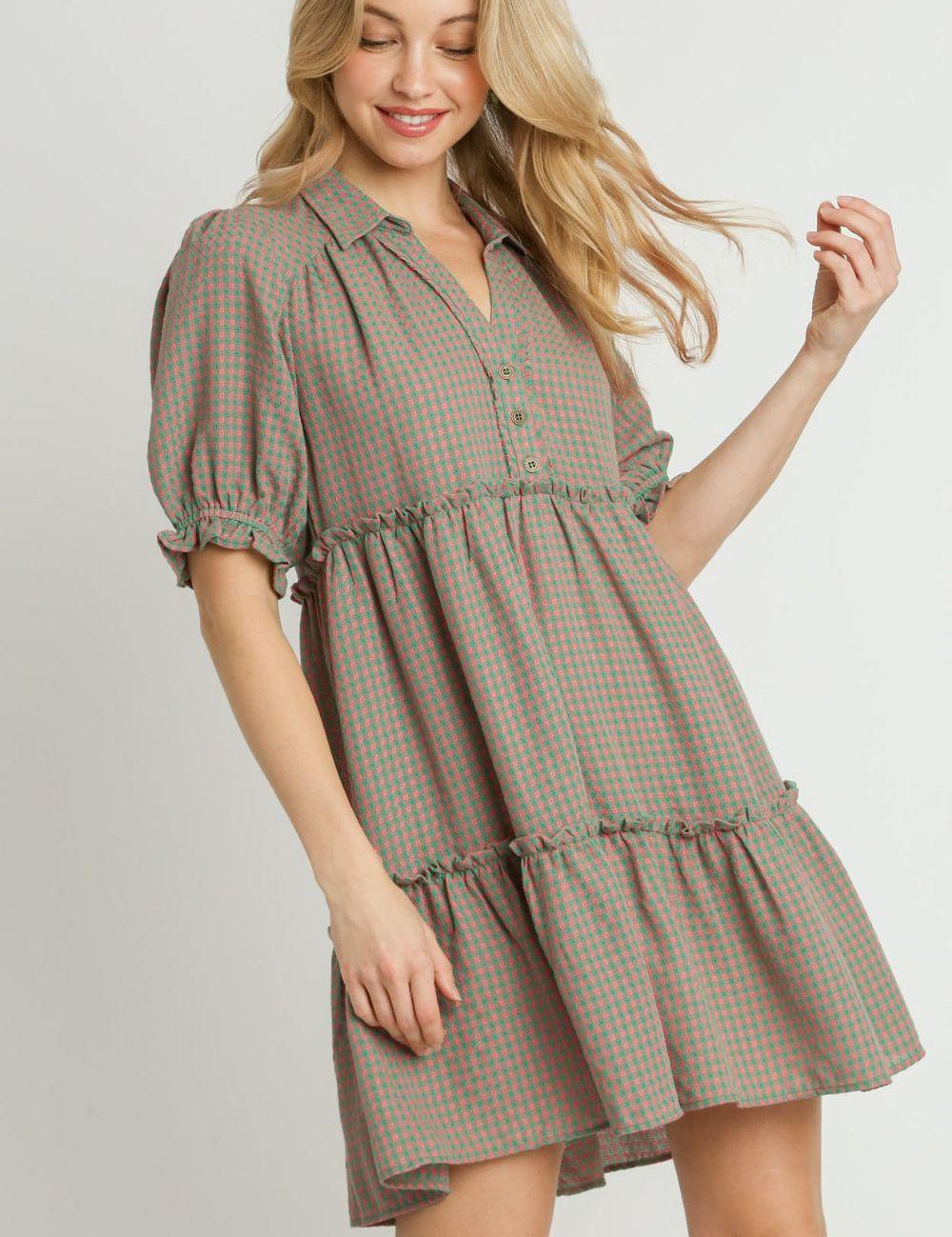 GREEN PINK Umgee Full Size Plaid Frill Button Detail Ruffled Short Sleeve Dress Plus Size | Daverri Fashions