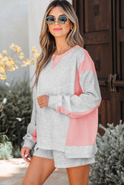 Light Grey Color Block Raw Hem Pullover and Casual Shorts Set | Outfit Sets Daverri Fashions