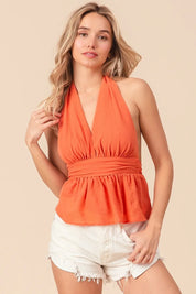 ORANGE BiBi Back Open With Halter Neck Wrinkled Tank Top | Tops Daverri Fashions