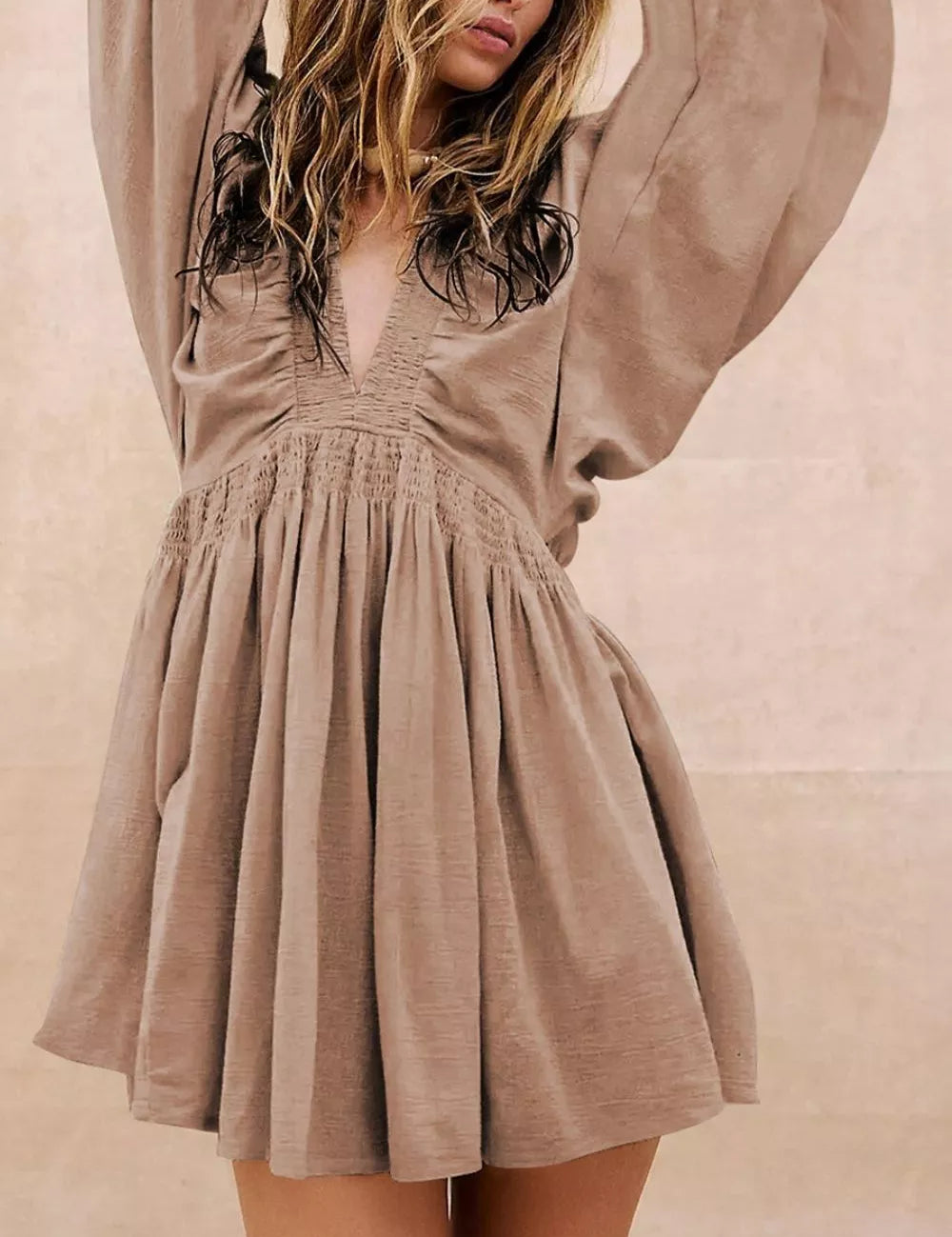 Smocked V-Neck Balloon Sleeve Dress | Dresses Daverri Fashions