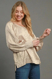 Umgee Wrinkled Round Neck Lantern Sleeve Blouse | Daverri Fashions