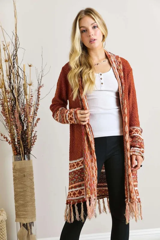 ADORA Plus Size Fringe Hem Aztec Border Cardigan | Cardigans Daverri Fashions