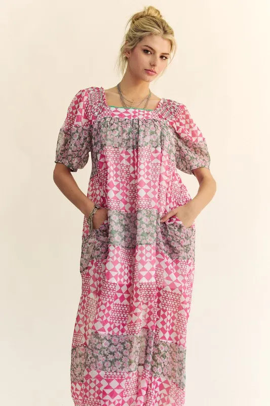 Davi & Dani Multi Floral Square Neck Puff Sleeve Maxi Dress | Maxi Dresses Daverri Fashions