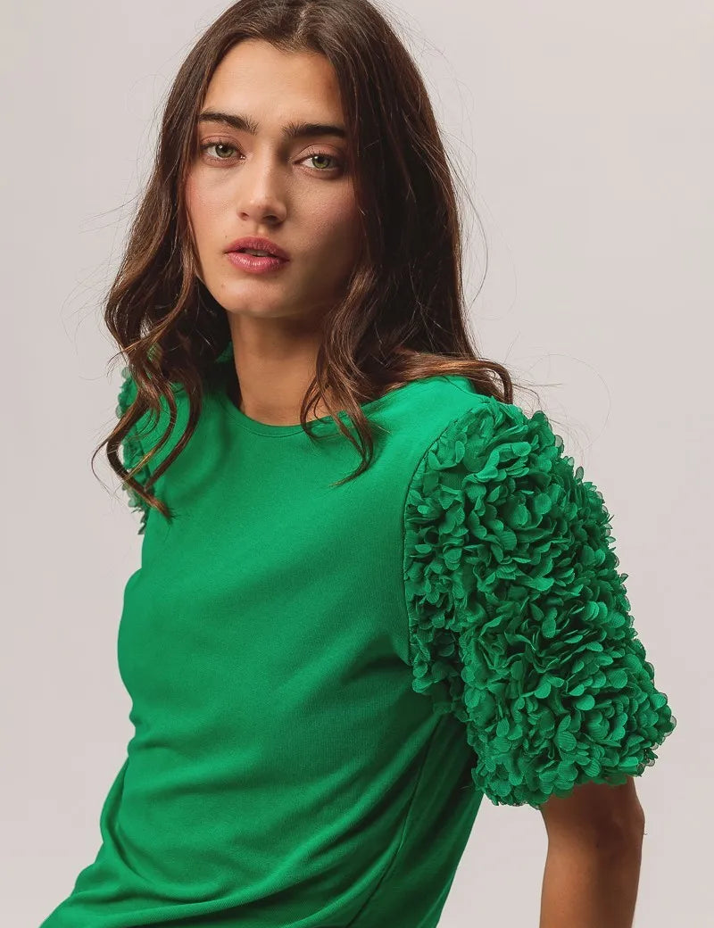 BiBi Short Mesh Flower Sleeve Knit Top | Tops Daverri Fashions