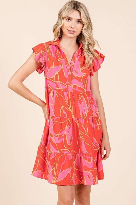 Mittoshop Leaf Print Ruffle Sleeve Tiered Mini Dress | Mini Dresses Daverri Fashions