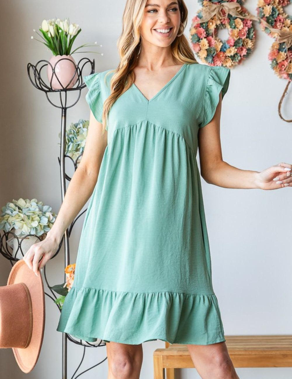 Dusty Sage Heimish Full Size Short Sleeve V Neck Ruffled Hem Dress | Daverri Fashions