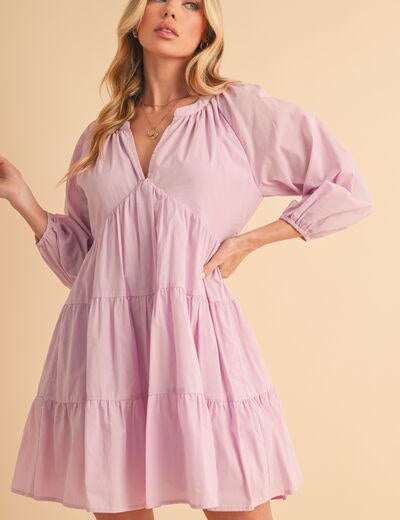 Lilac Aemi + Co Notched Balloon Sleeve Tiered Mini Dress | Mini Dresses Daverri Fashions