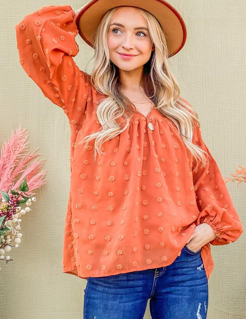 Rust And The Why Swiss Dot V Neck Balloon Sleeve Woven Blouse | Daverri Fashions