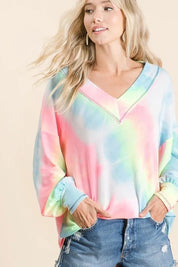 BiBi Tie Dye French Terry V-Neck Top with Puff Sleeves | Tops Daverri Fashions